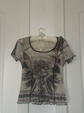 Black & Cream Sheer Floral Short Sleeve Top